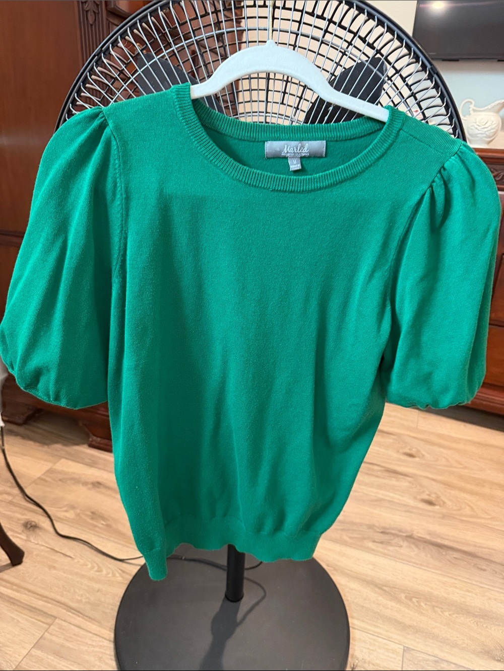Marled Vibrant Green Puff-Sleeve Short Sleeve Top